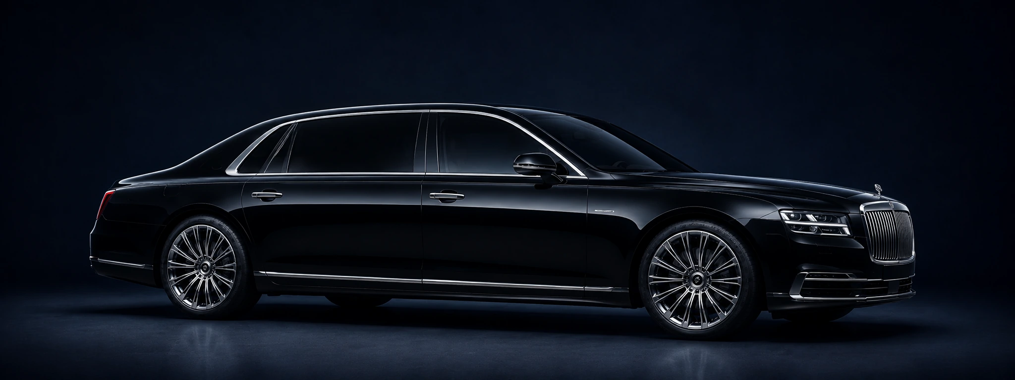 Black luxury sedan photographed in a dark studio setting